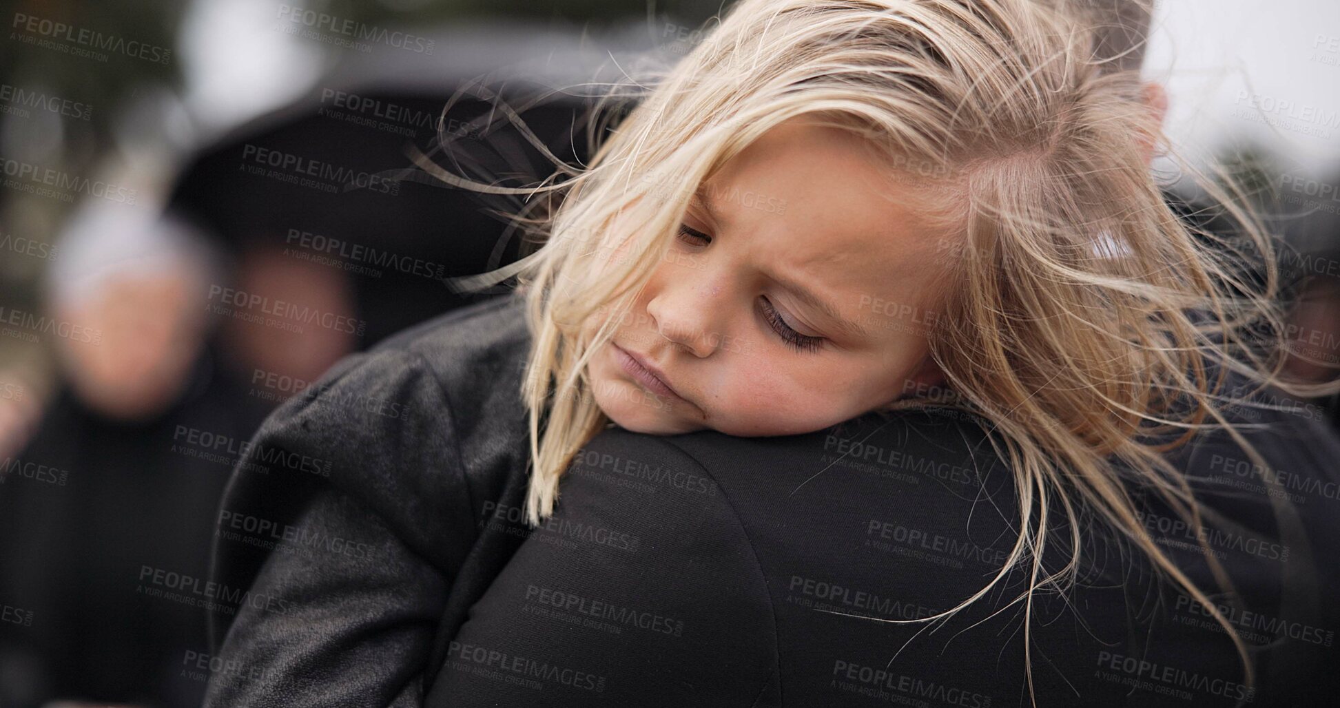 Buy stock photo Sad, sleeping and a child with father at a funeral with comfort for depression while mourning. Tired, hug and a girl kid with a dad at graveyard for care and love after a family death at the cemetery