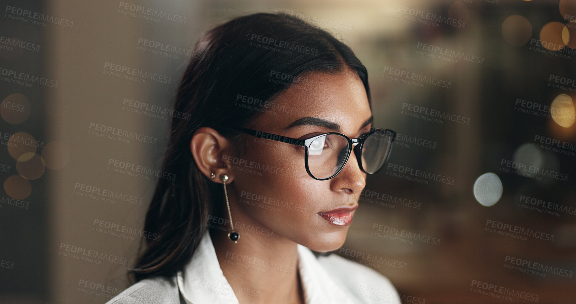 Buy stock photo Internet, reflection and woman in office with glasses, overtime at computer with planning and thinking. Vision, research and businesswoman typing email, late at night work on future ideas for agency.