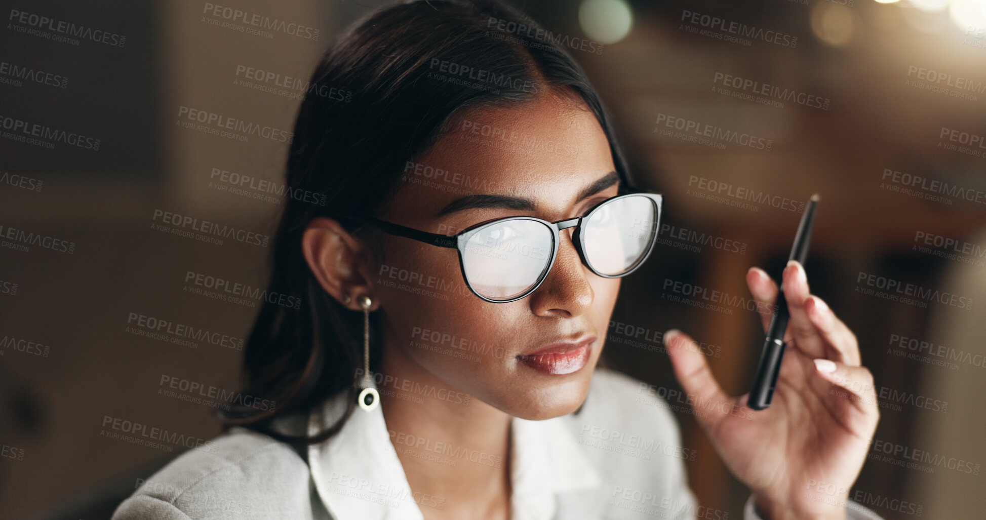 Buy stock photo Internet, thinking and woman in office with glasses, reflection of computer with planning and thinking. Vision, research and businesswoman reading email, late at night work on future ideas for agency