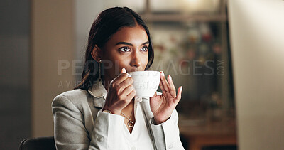 Drinking coffee, night work and business woman working at office with computer data for job. Female professional, tea and online research for deadline and lawyer report with hot drink and email