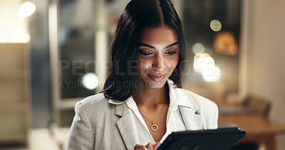 Tablet, overtime and woman in office with smile, reading email or social media post, schedule or report. Planning, research and businesswoman, late at night work and search for ideas on online review