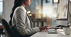Computer screen, keyboard and hands of business person typing SEO research, internet search and review website design. Mouse, online site and closeup corporate designer working on webdesign project