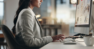 Computer screen, keyboard and hands of business person typing SEO research, internet search and review website design. Mouse, online site and closeup corporate designer working on webdesign project