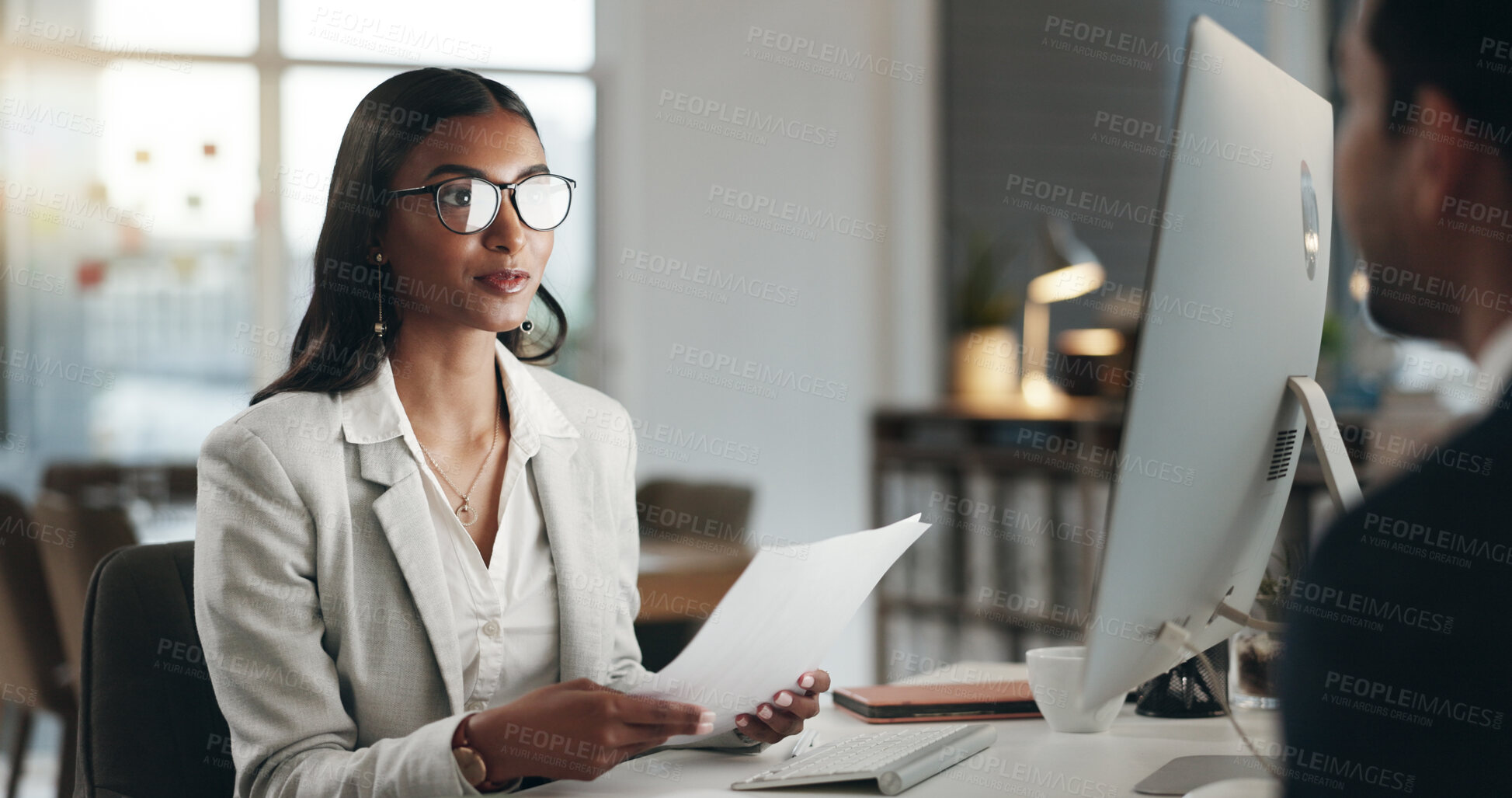 Buy stock photo Interview, human resources and handshake, business people in conversation and hiring, b2b and recruitment. Woman HR manager shaking hands, communication and networking, onboarding and collaboration