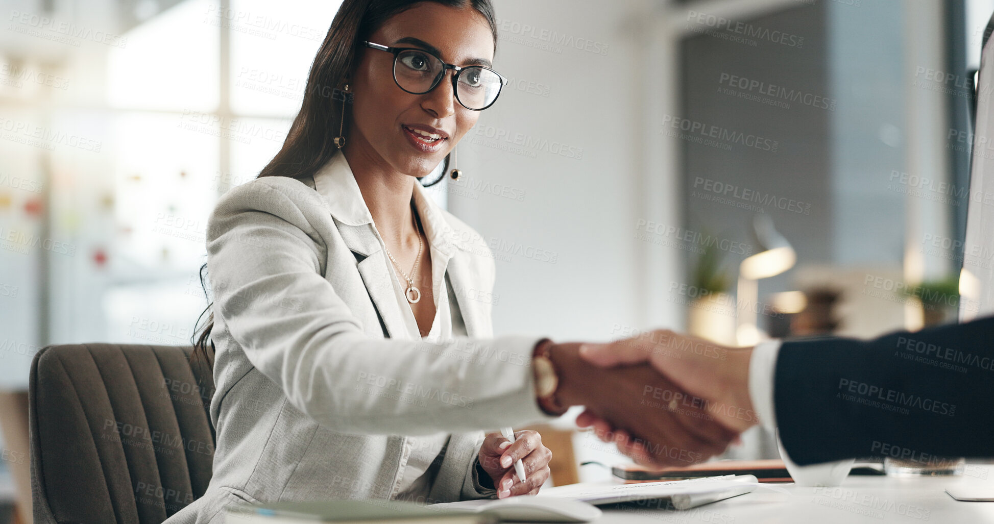 Buy stock photo Interview, human resources and handshake, business people in conversation and hiring, b2b and recruitment. Woman HR manager shaking hands, communication and networking, onboarding and collaboration