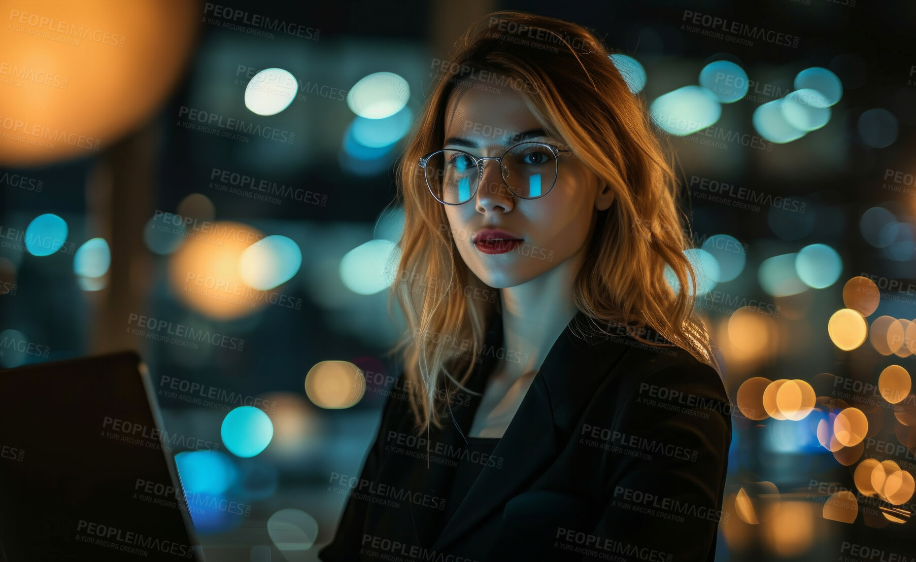 Buy stock photo Programming, business and woman working on laptop at night for information technology agency and artificial intelligence. Female, confident and corporate worker at the office for data analysis
