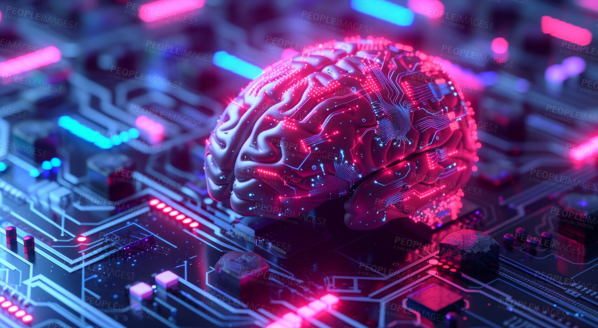 Buy stock photo Central Computer Processors and CPU mockup 3d render for quantum computing, data and graphics. Neon, brain and futuristic gpu chip design closeup for online business, microchip and science engineer