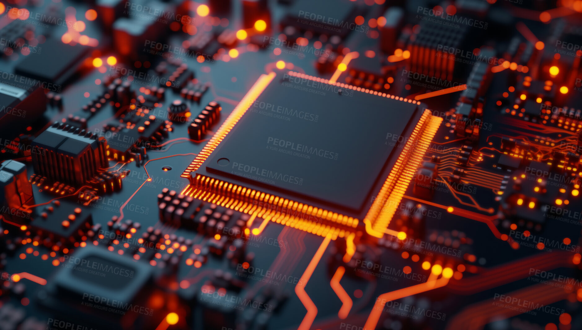 Buy stock photo Central Computer Processors and CPU mockup 3d render for quantum computing, data and graphics. Neon, blue and futuristic gpu chip design closeup for online business, microchip and science engineer