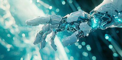 Android, cyborg hand and engineering innovation for ai, technology science and futuristic on a bokeh background. Blue, machine and modern robotics for tech software and programming wallpaper design
