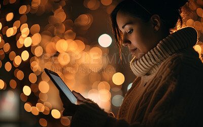 Programming, business and woman working on a tablet at night for information technology agency and artificial intelligence. Female, confident and corporate worker at the office for data analysis