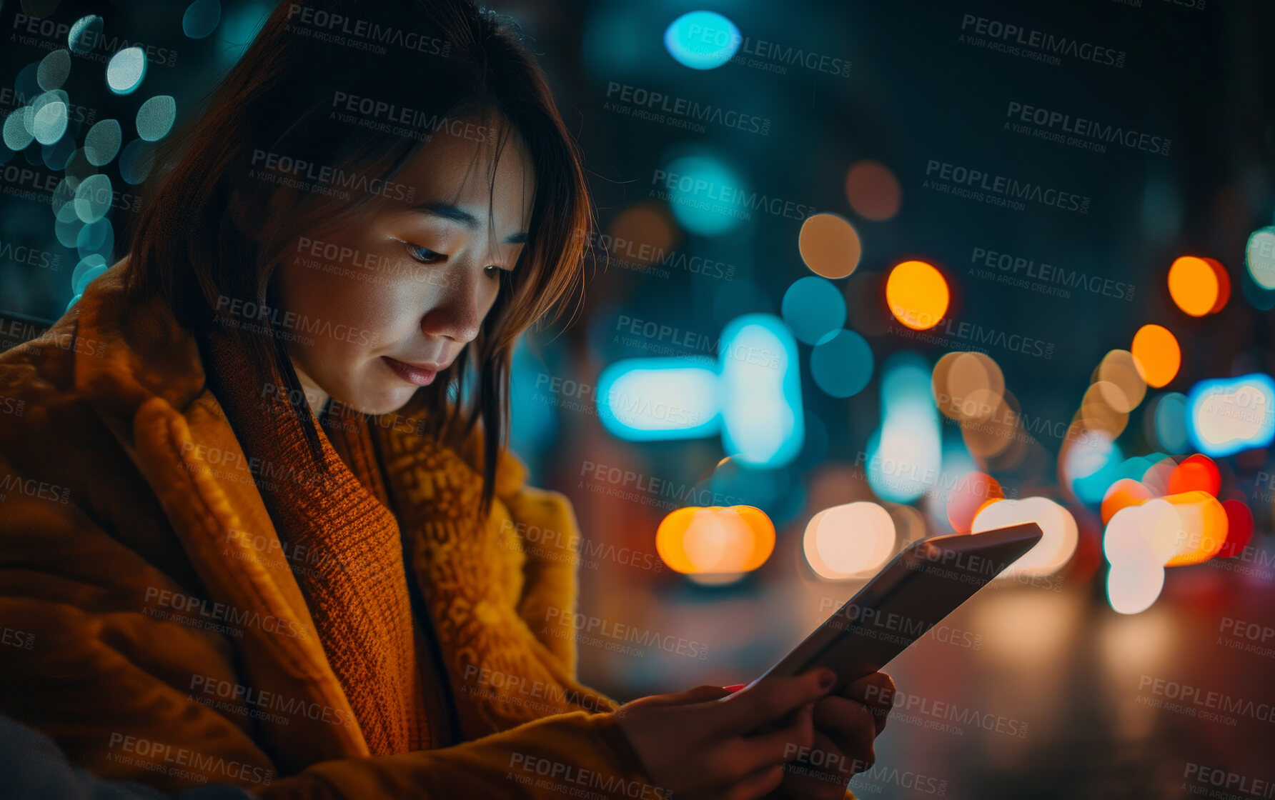 Buy stock photo Programming, business and woman working on a tablet at night for information technology agency and artificial intelligence. Female, confident and corporate worker at the office for data analysis