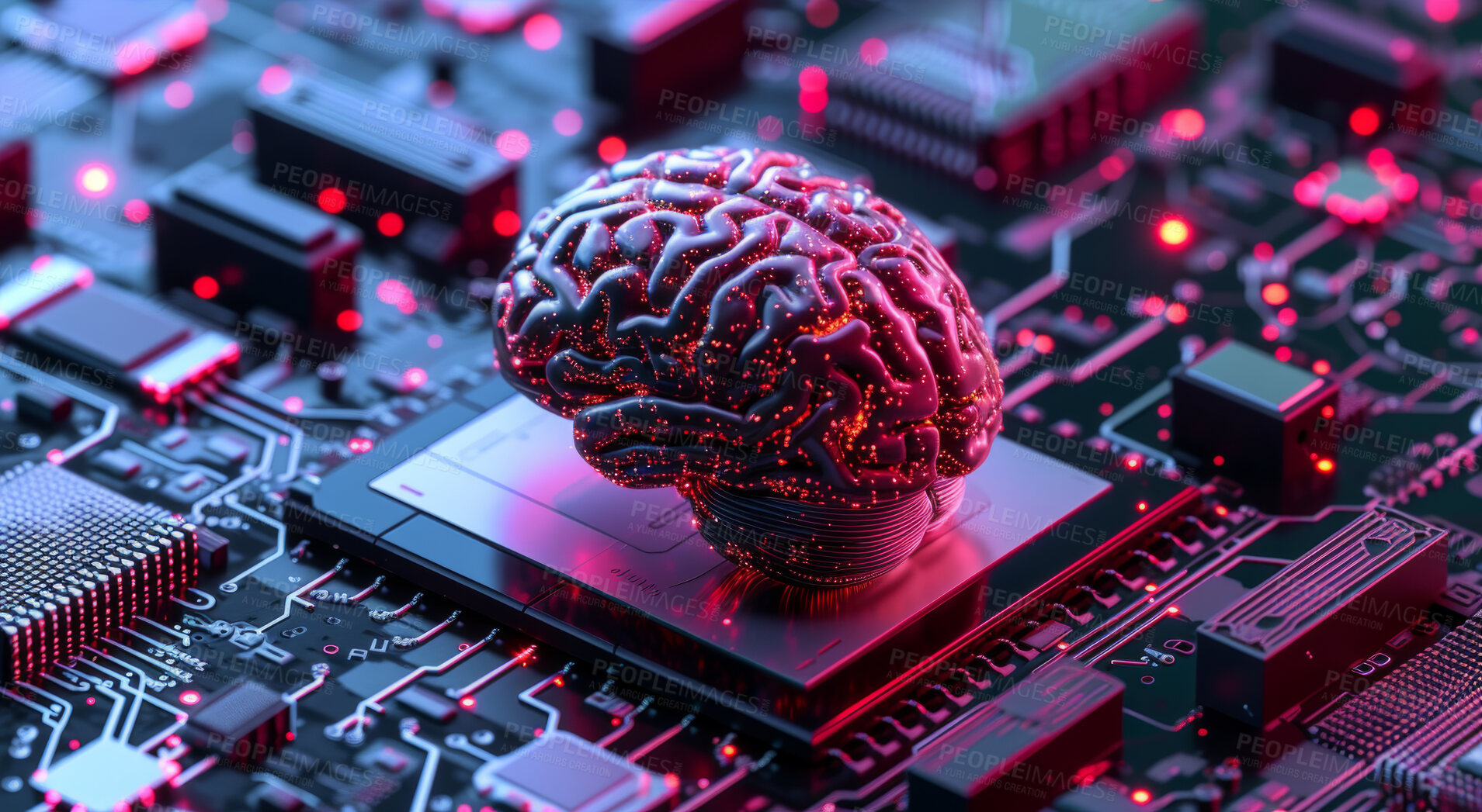 Buy stock photo Central Computer Processors and CPU mockup 3d render for quantum computing, data and graphics. Neon, brain and futuristic gpu chip design closeup for online business, microchip and science engineer