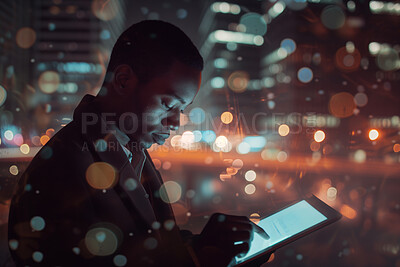 Programming, business and man working on a tablet at night for information technology agency and artificial intelligence. Male, confident and corporate worker at the office for data analysis