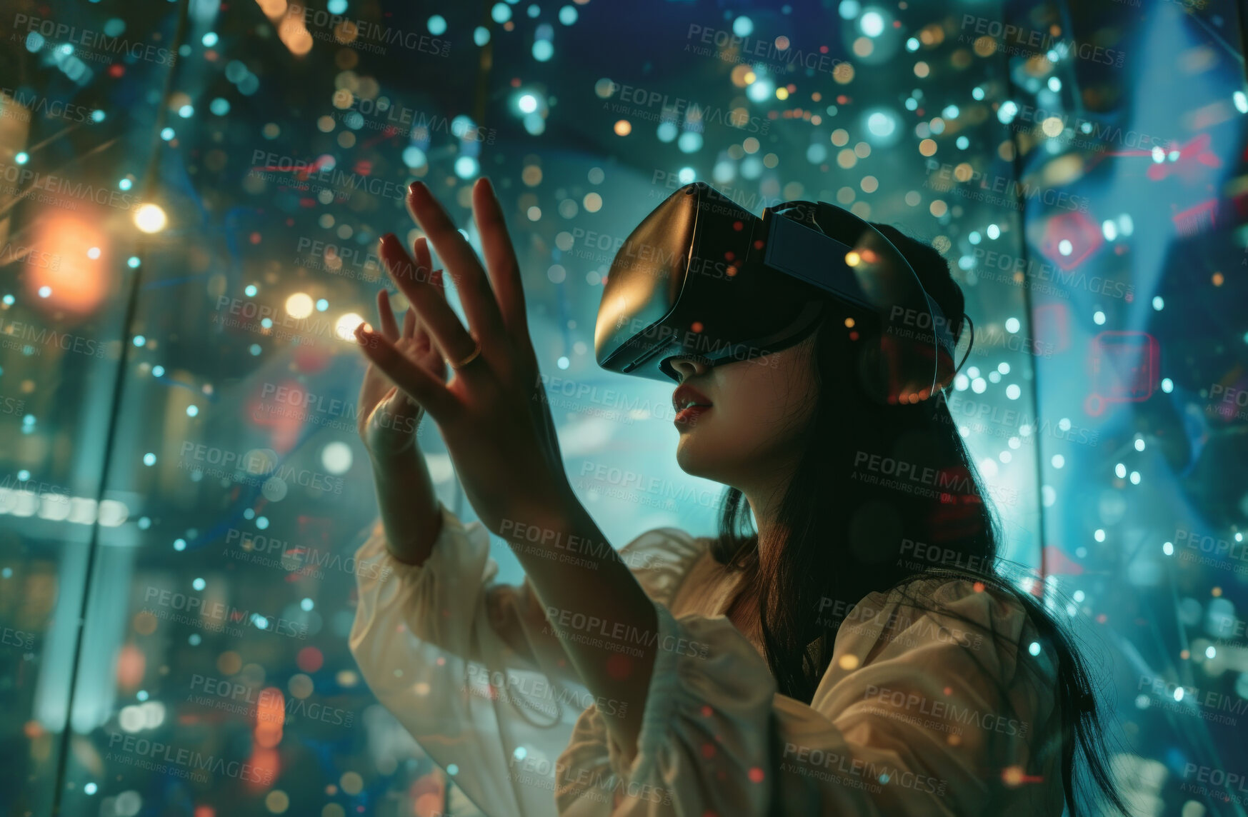 Buy stock photo Vr, game or woman in online metaverse gaming for fantasy,  cyber or scifi application. Explore, relax and fun virtual reality user or young female person in 3d ai experience in futuristic world