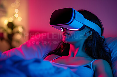 Vr, game or woman in online metaverse gaming for fantasy, cyber or scifi application. Explore, relax and fun virtual reality user or young female person in 3d ai experience in futuristic world