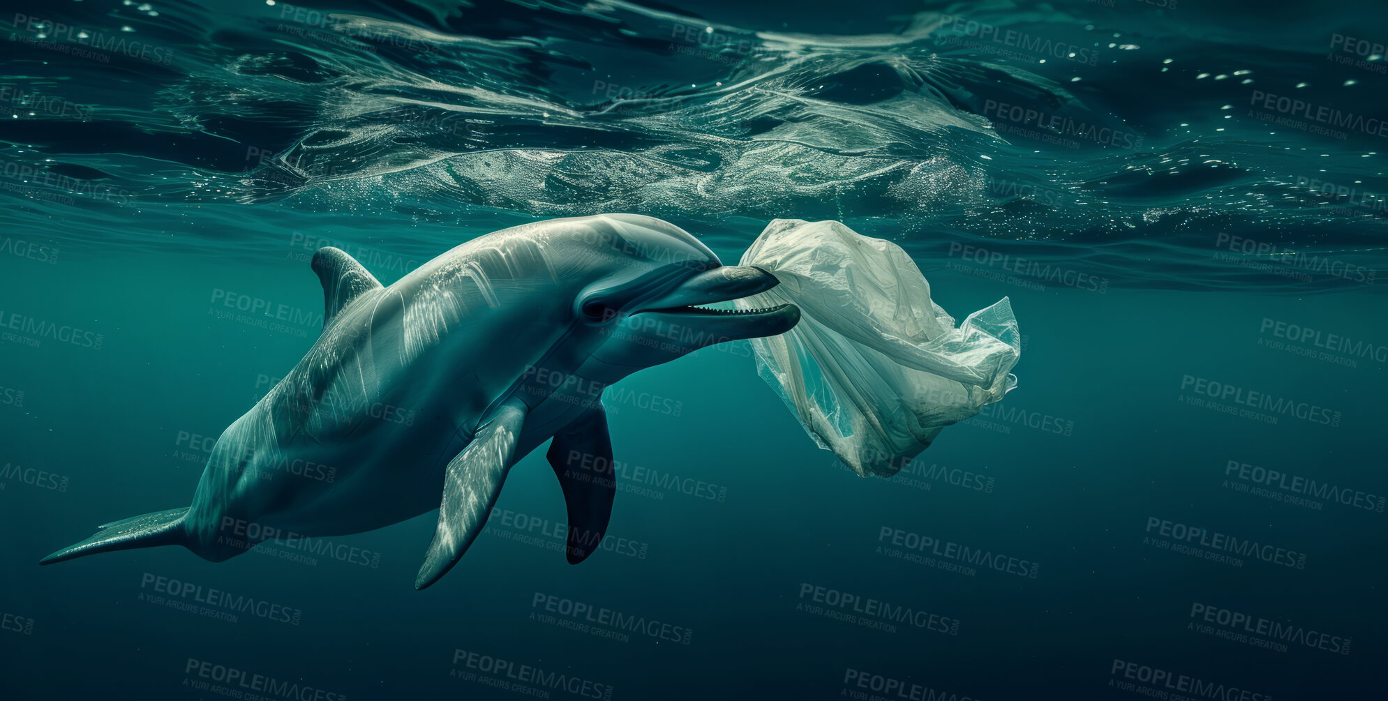 Buy stock photo Ocean, sea and dolphin swimming underwater in clear water for tourism, holiday, adventure and travel. Blue, wildlife and nature scene with plastic for impact of pollution, environment and waste