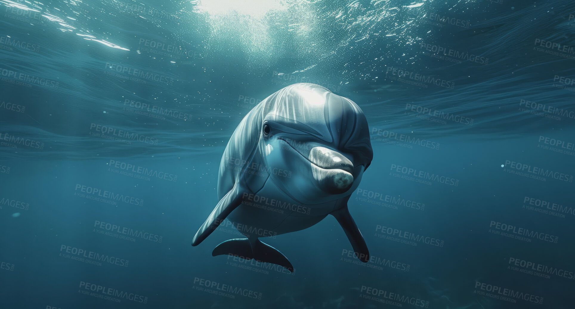 Buy stock photo Ocean, sea and dolphin swimming underwater in clear water for tourism, holiday adventure and travel. Blue, peaceful and beautiful scene of wildlife in their habitat for environment and eco system