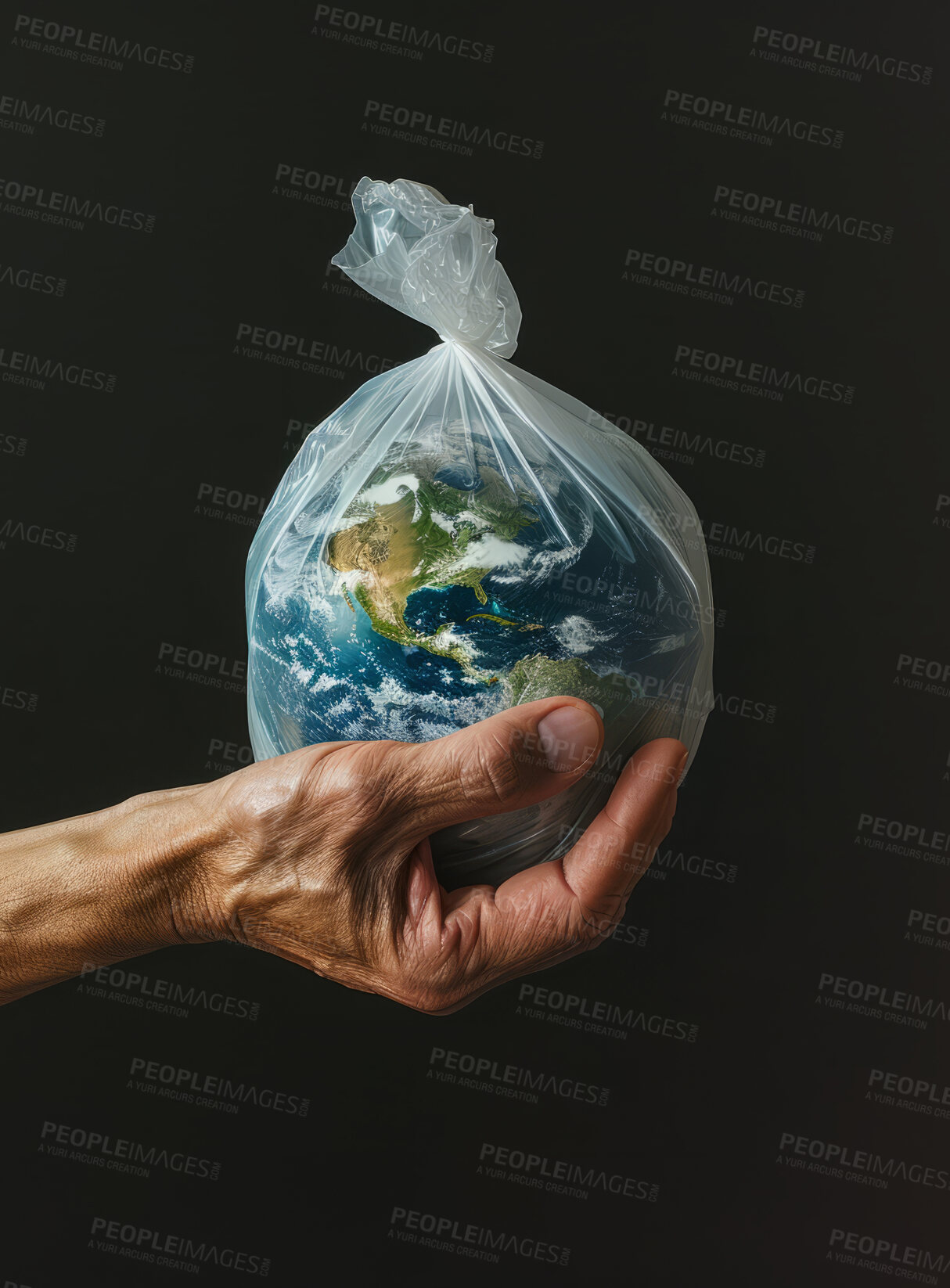 Buy stock photo Globe, earth and garbage bag mockup for environment, climate change and pollution concept. Hand holding the planet in plastic for eco system background, awareness poster and protection wallpaper