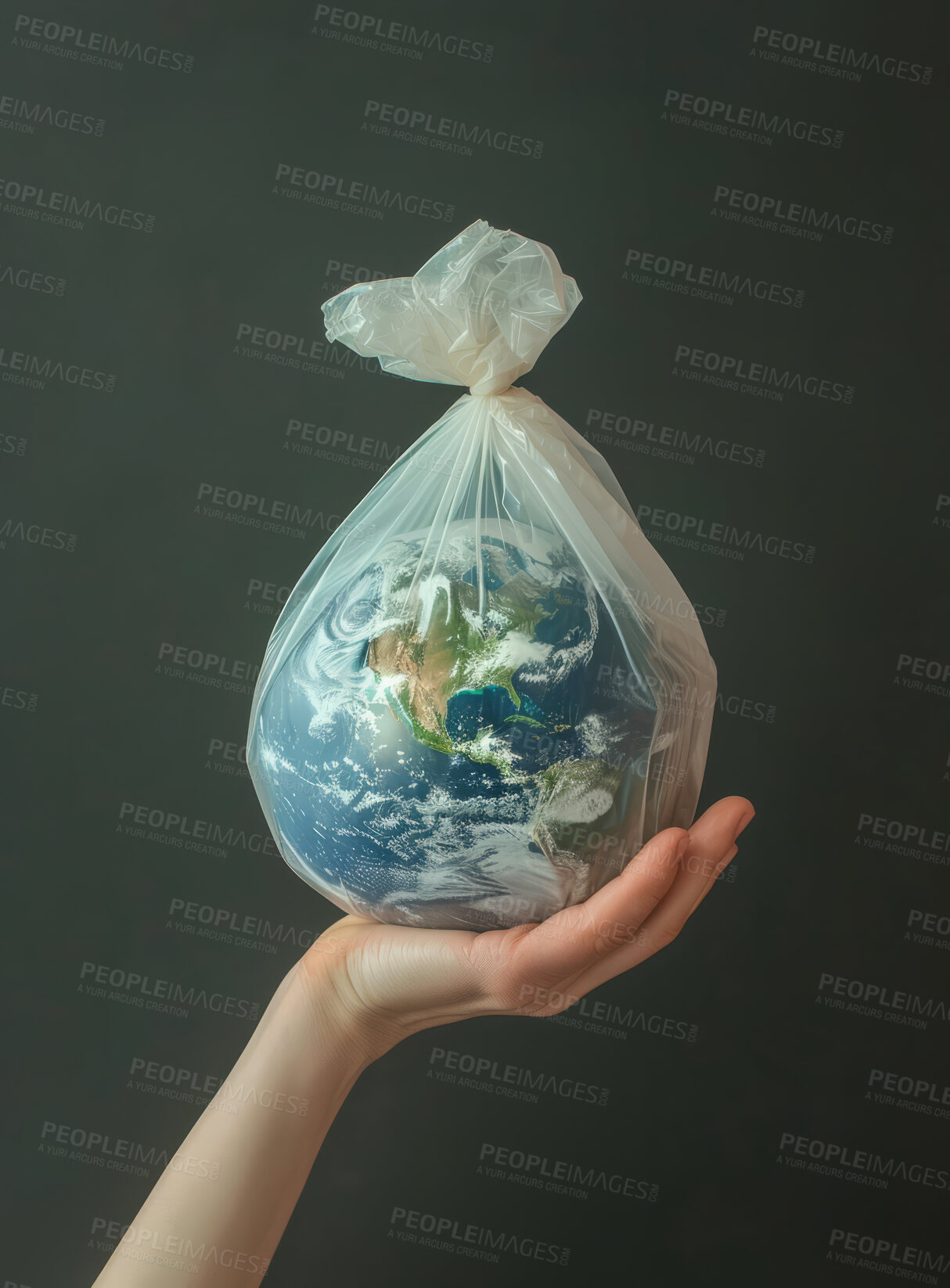 Buy stock photo Globe, earth and garbage bag mockup for environment, climate change and pollution concept. Hand holding the planet in plastic for eco system background, awareness poster and protection wallpaper