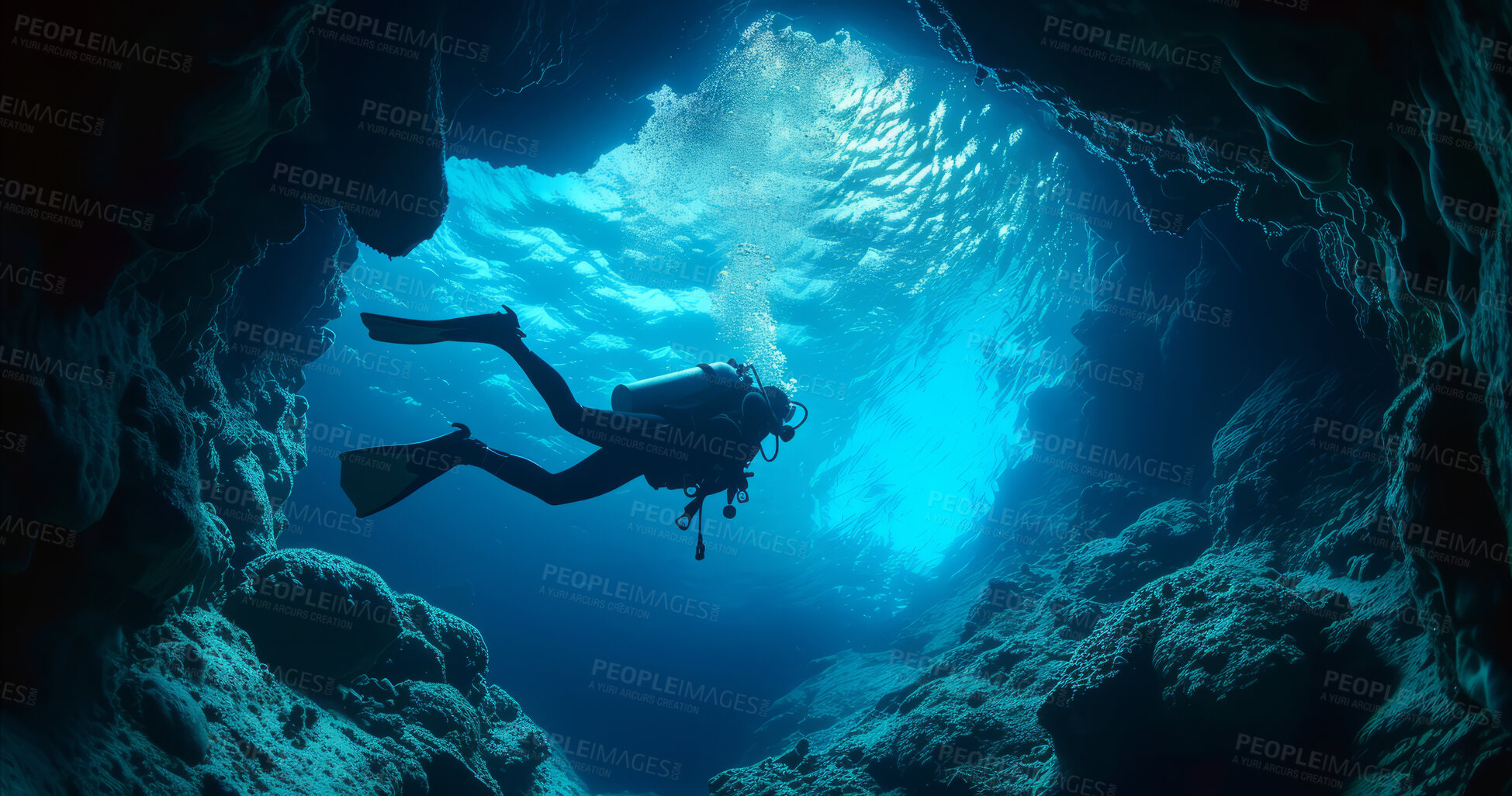 Buy stock photo Scuba diving, underwater or diver swimming and exploring for marine adventure, hobby or vacation activity. Beautiful, blue and clear calm ocean view for travel, exploration or environmental discovery