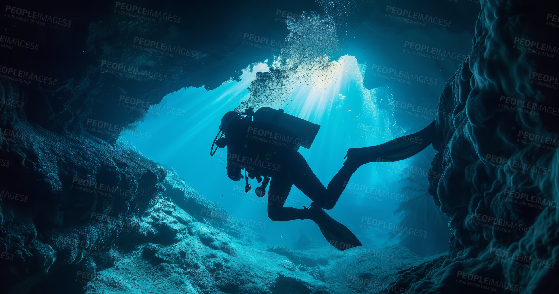 Buy stock photo Scuba diving, underwater or diver swimming and exploring for marine adventure, hobby or vacation activity. Beautiful, blue and clear calm ocean view for travel, exploration or environmental discovery