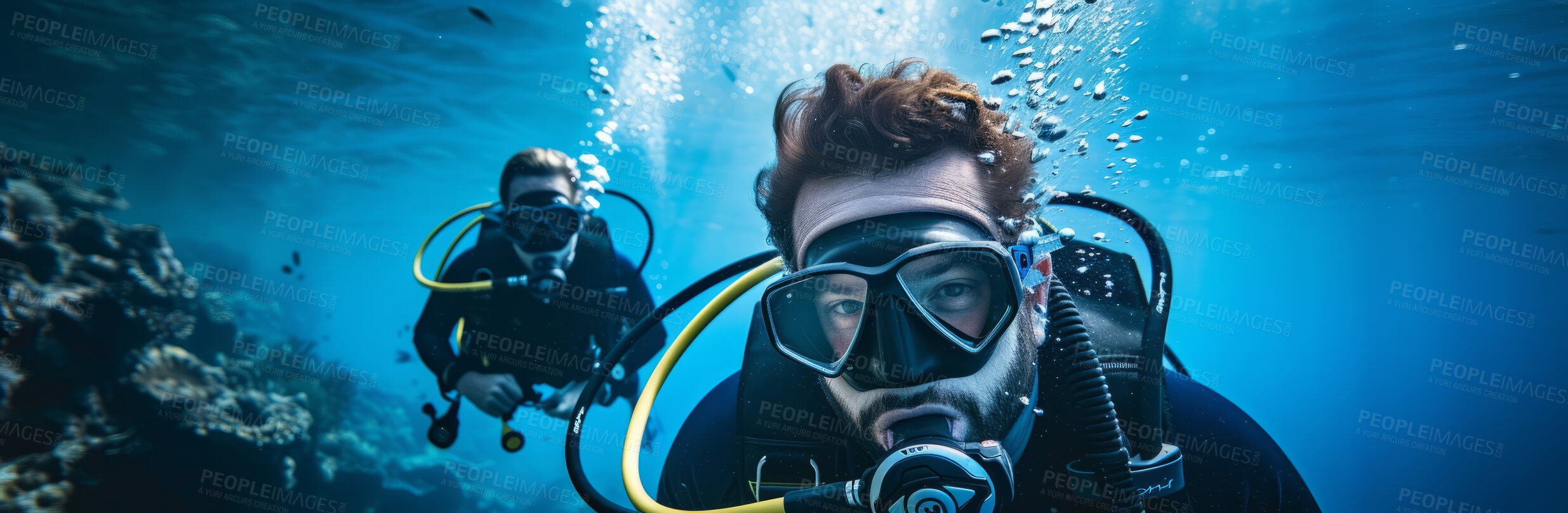 Buy stock photo Scuba diving, underwater or diver swimming and exploring for marine adventure, hobby or vacation activity. Beautiful, blue and clear calm ocean view for travel, exploration or environmental discovery