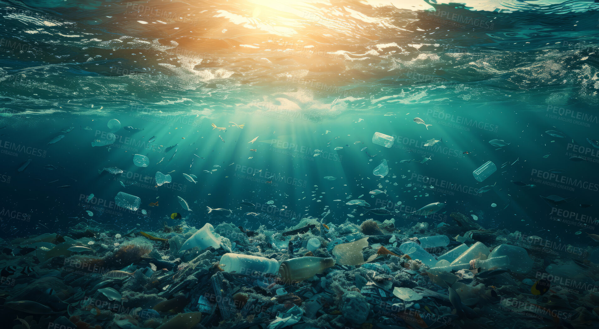 Buy stock photo Ocean, sea and garbage floating underwater in dirty water for awareness background and poster design. Blue, wildlife and nature scene with plastic for impact of pollution, environment and waste