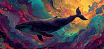 Ocean, sea and whale swimming underwater artwork for creative illustration background and poster design. Blue, peaceful and beautiful scene of wildlife in their habitat for environment and eco system