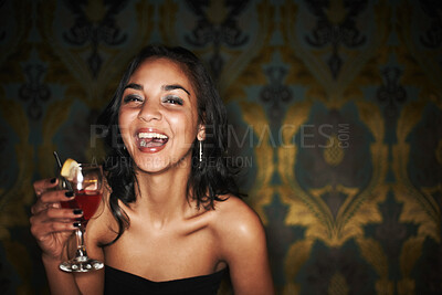 Buy stock photo Portrait of a pretty girl having an awesome time while out partying - Copyspace