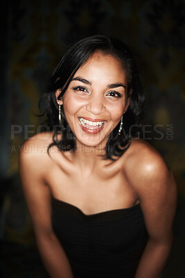 Buy stock photo Woman, smile and portrait in dark club, fashion and fun clothing or elegant aesthetic. Mexican female person, laugh and funny joke or face, freedom and positive at event, party and social gathering