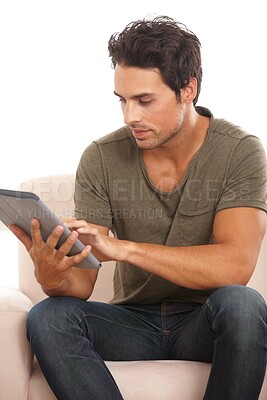 Buy stock photo Search, relax and tablet with man on sofa for online, social media and connection. Streaming, digital and technology with person in living room at home for networking, communication and contact
