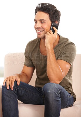 Buy stock photo Phone call, communication and smile with man on sofa for contact, networking and social media. Conversation, technology and connection with person in living room at home for mobile and online 