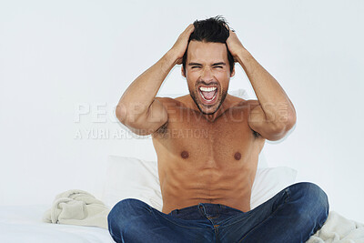 Buy stock photo Stress, insomnia and screaming with a shirtless man on a bed in his home feeling frustrated or sleepless. Mental health, anxiety and burnout with the body of a young person shouting in a bedroom