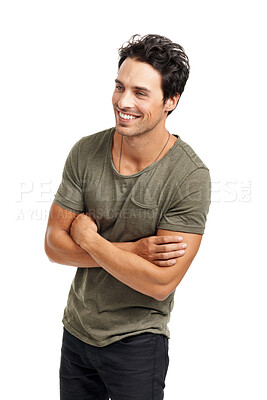 Buy stock photo Smile, crossed arms and young man in studio with casual, stylish and trendy outfit for confidence. Happy, fashion and male person from Canada with cool style and positive attitude by white background