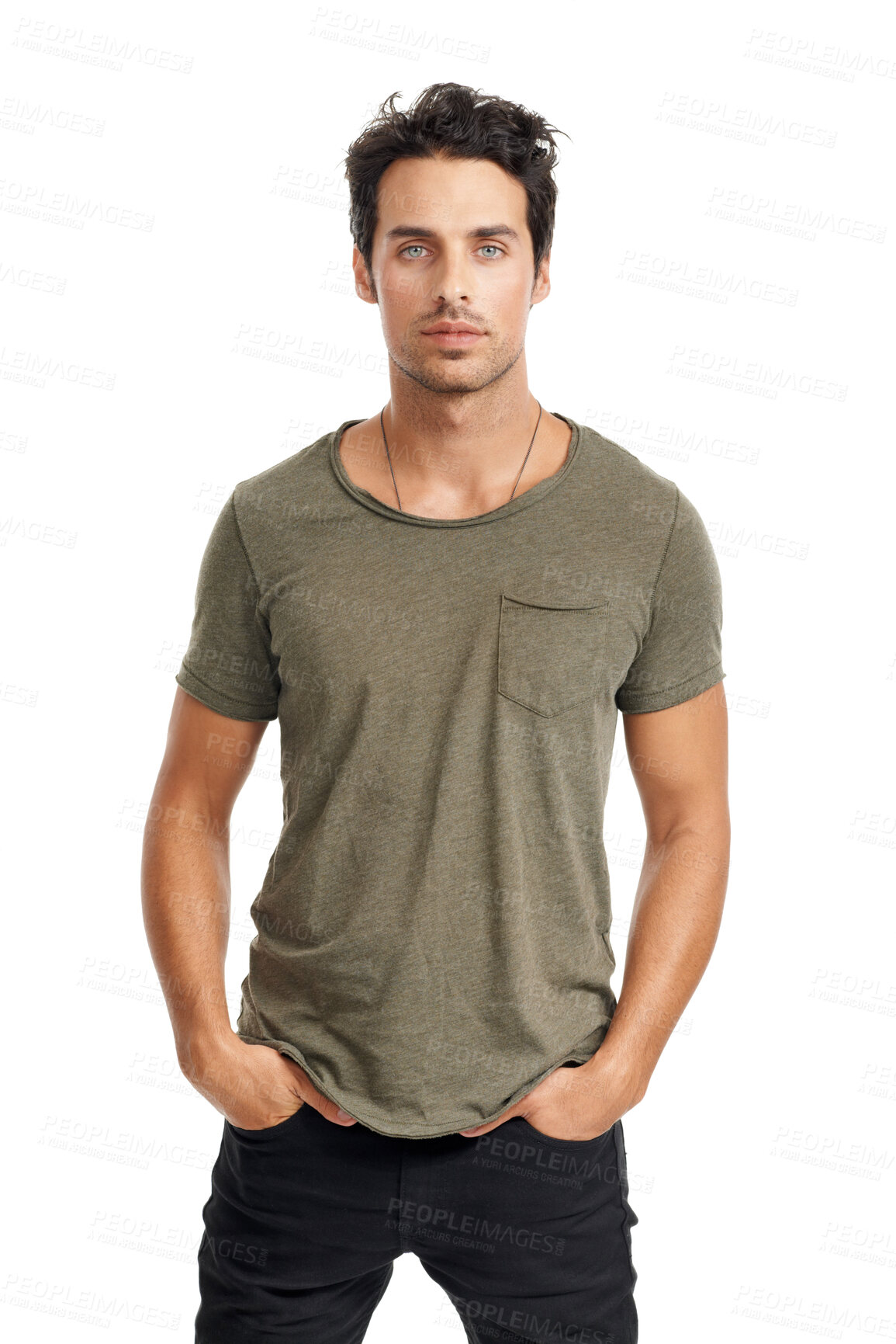Buy stock photo Portrait, fashion and a confident young man in studio isolated on a white background for casual style. Cool, attitude and serious with a young model in a relax tshirt or trendy clothes outfit
