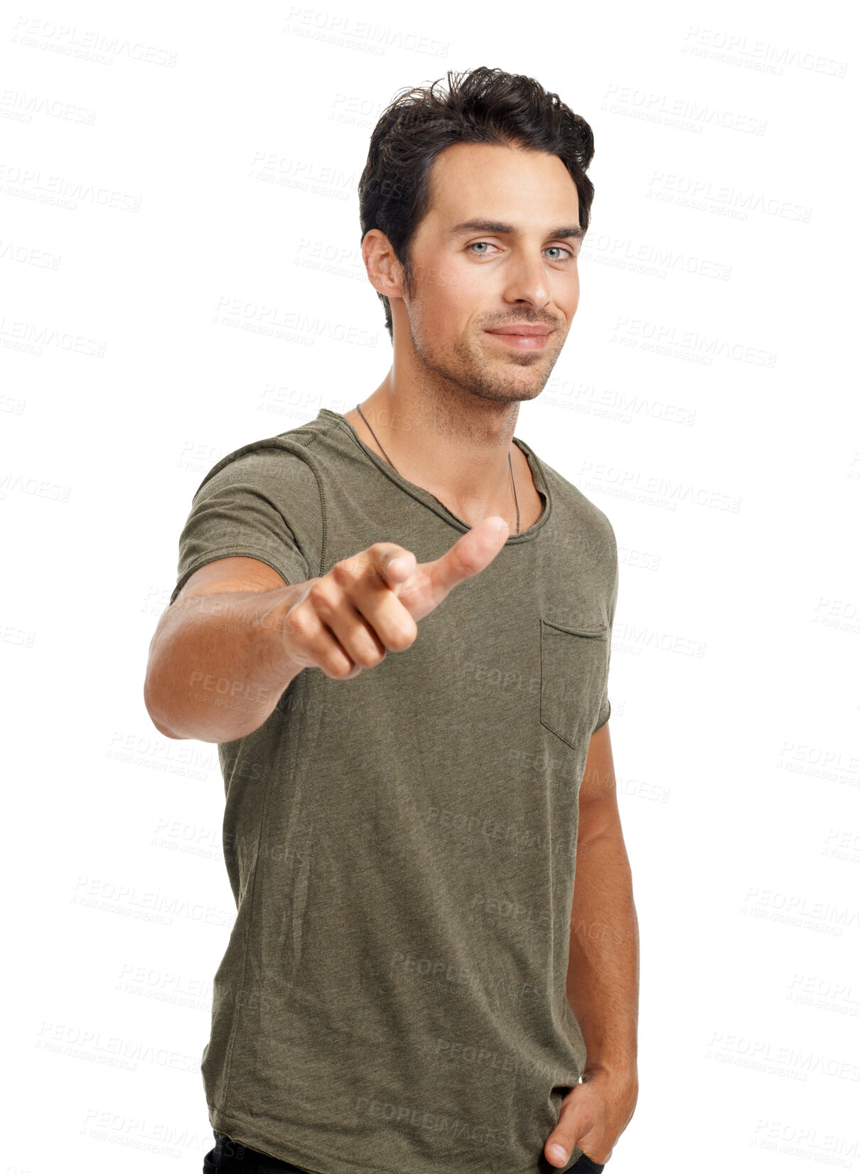 Buy stock photo Smile, pointing and portrait of man in a studio for marketing, advertising or promotion with confidence. Happy, fashion and handsome young male model with a show hand gesture by white background. 
