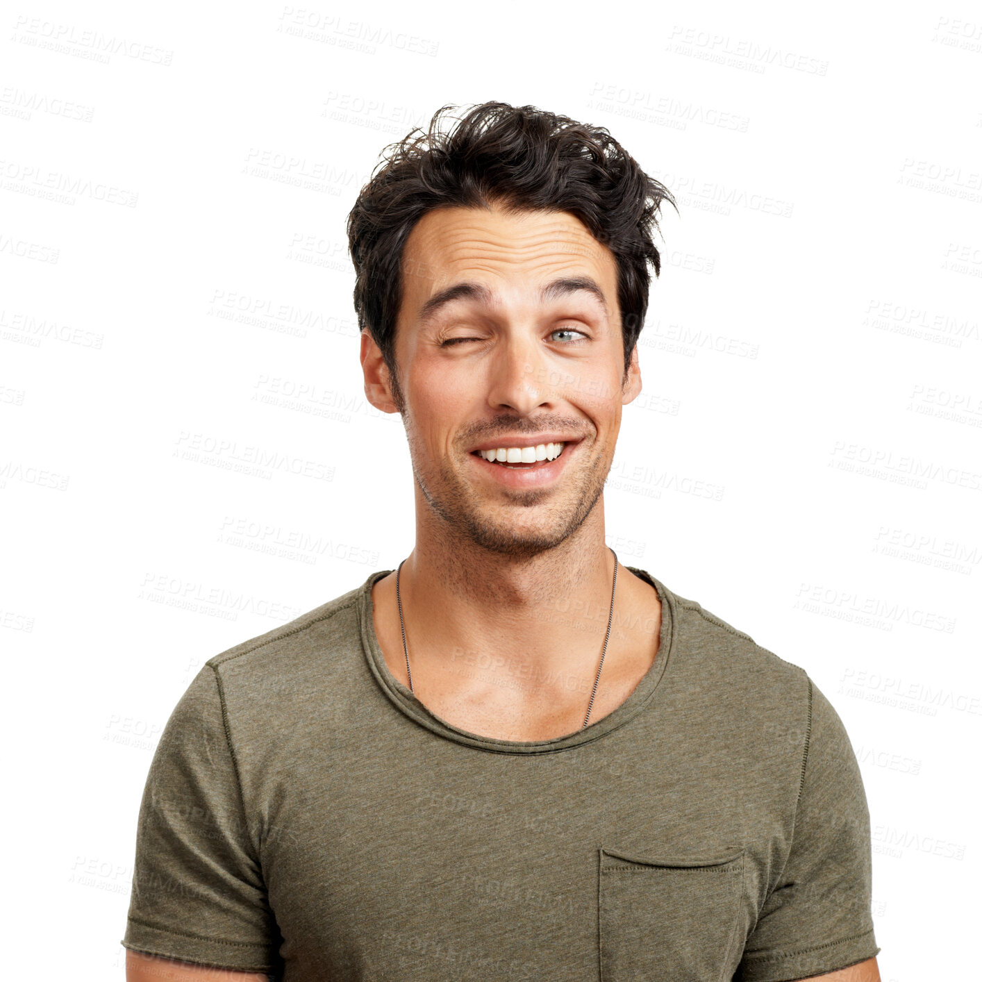 Buy stock photo Face, smile and playful wink with a man in studio isolated on a white background for comedy or humor. Comic, funny and happy with a goofy young person acting silly as a character for a carefree joke
