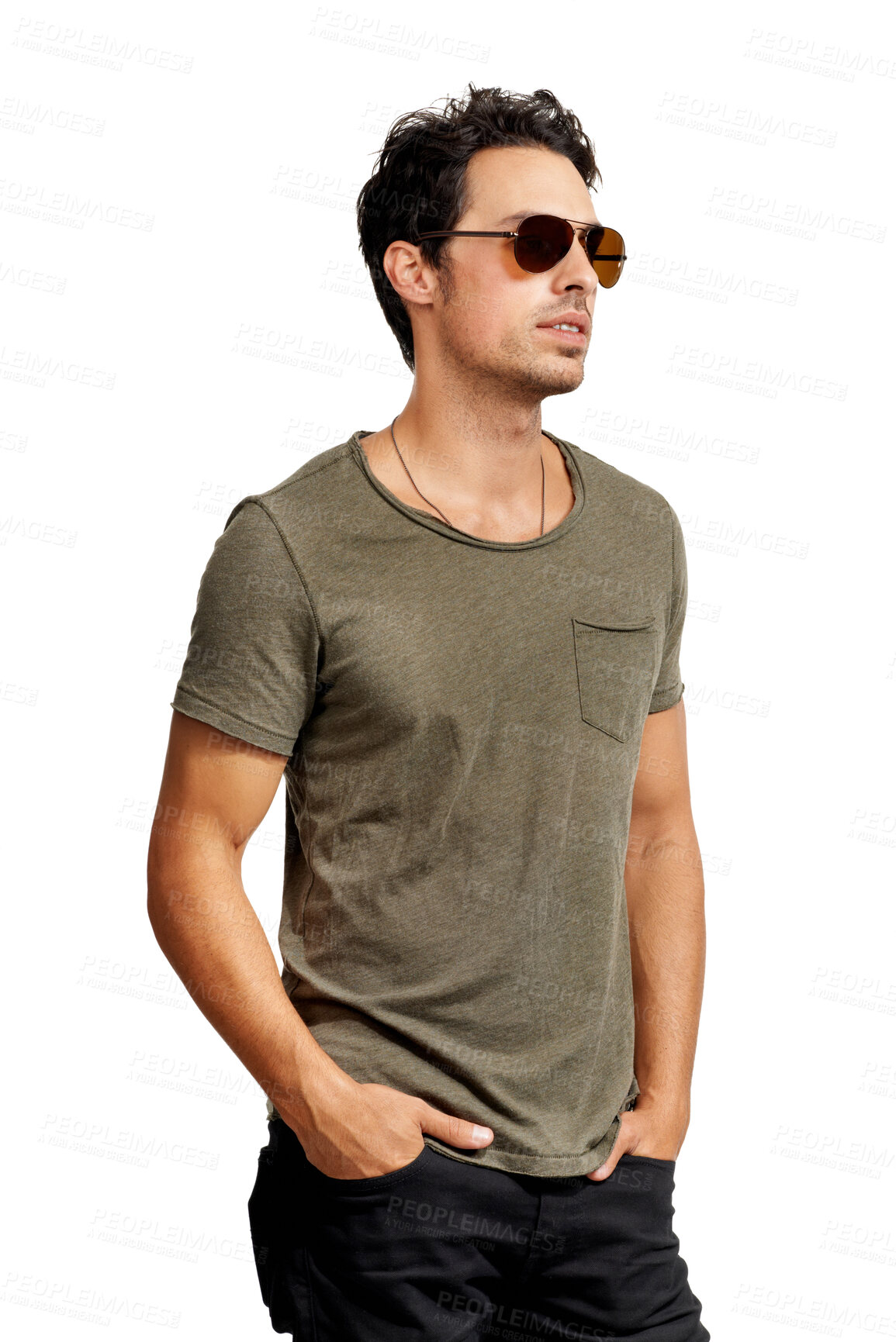 Buy stock photo Handsome man, sunglasses and fashion in style for cool, mindset or positive attitude against a white studio background. Face of attractive young male person or model posing in stylish casual clothing