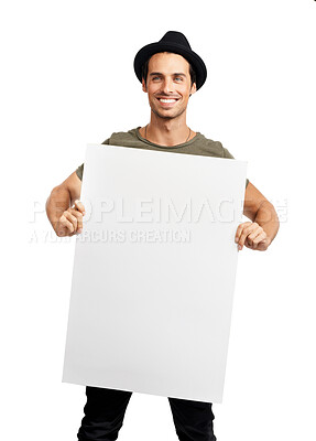 Buy stock photo Man, portrait and smile with poster mockup in studio for advertising, information or marketing. Male person, billboard placard or white background or signage for recommendation, promo or presentation
