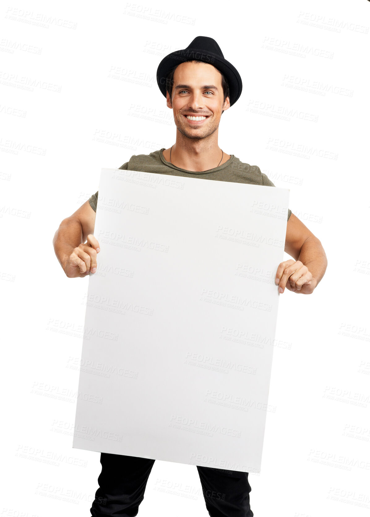 Buy stock photo Man, portrait and smile with poster mockup in studio for advertising, information or marketing. Male person, billboard placard or white background or signage for recommendation, promo or presentation