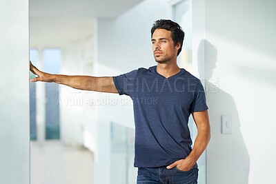 Buy stock photo Man, thinking and future in home for vision idea or relax confidence, morning rest or pondering. Male person, thoughts and wellness peace in apartment or wondering decision, planning or resolution