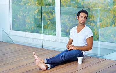Buy stock photo Man, thinking and coffee for breakfast wellness, vacation latte or weekend relax. Male person, cup and caffeine cappuccino in morning or mug drink or happiness in apartment espresso, peace or calm