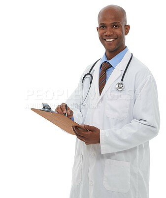 Buy stock photo Black man, portrait or doctor writing on clipboard in studio, planning notes or healthcare information on white background. Happy medical worker, paperwork or insurance documents, checklist or script