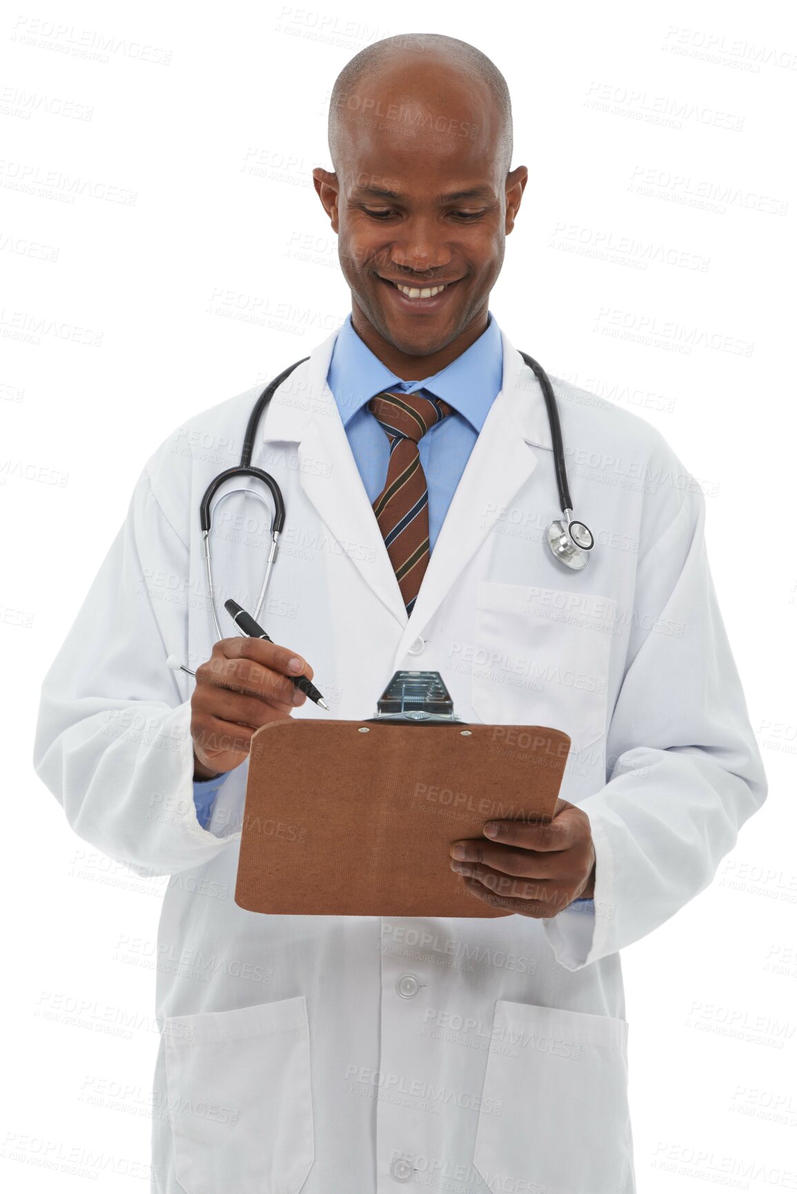 Buy stock photo Black man, doctor and writing on clipboard in studio for administration, healthcare information or policy on white background. Happy medical worker, paperwork and planning insurance report for script