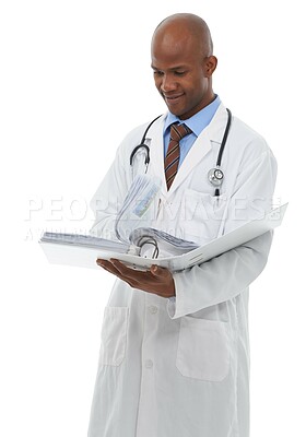 Buy stock photo Studio, black man and doctor reading documents on medical project, medicine report or research data. Hospital paperwork, healthcare and African surgeon with clinic archive folder on white background