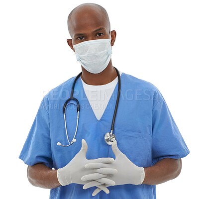 Buy stock photo Clasping hands, man and doctor with portrait, professional and employee isolated on a white studio background. Face cover, nurse or surgeon with confidence, healthcare and protection with regulations