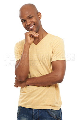 Buy stock photo Portrait, smile and black man with fashion, casual outfit and confident guy isolated on a white studio background. African person, choice and model with ideas, opportunity and decision with joy
