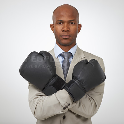 Buy stock photo Boxing, gloves or portrait of business black man, boxer or attorney for justice, legal protection or crime fight. Studio, constitution or African advocate serious for self defence on white background