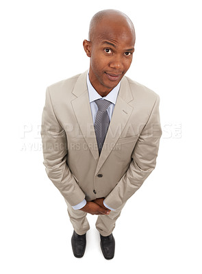 Buy stock photo Studio portrait, top view and professional black man for business services, career work or realtor job experience. Eyebrow raise, entrepreneur and African real estate agent on white background