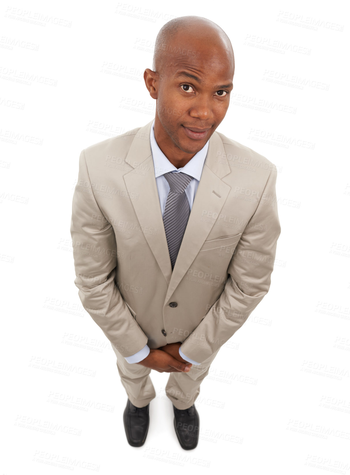 Buy stock photo Studio portrait, top view and professional black man for business services, career work or realtor job experience. Eyebrow raise, entrepreneur and African real estate agent on white background